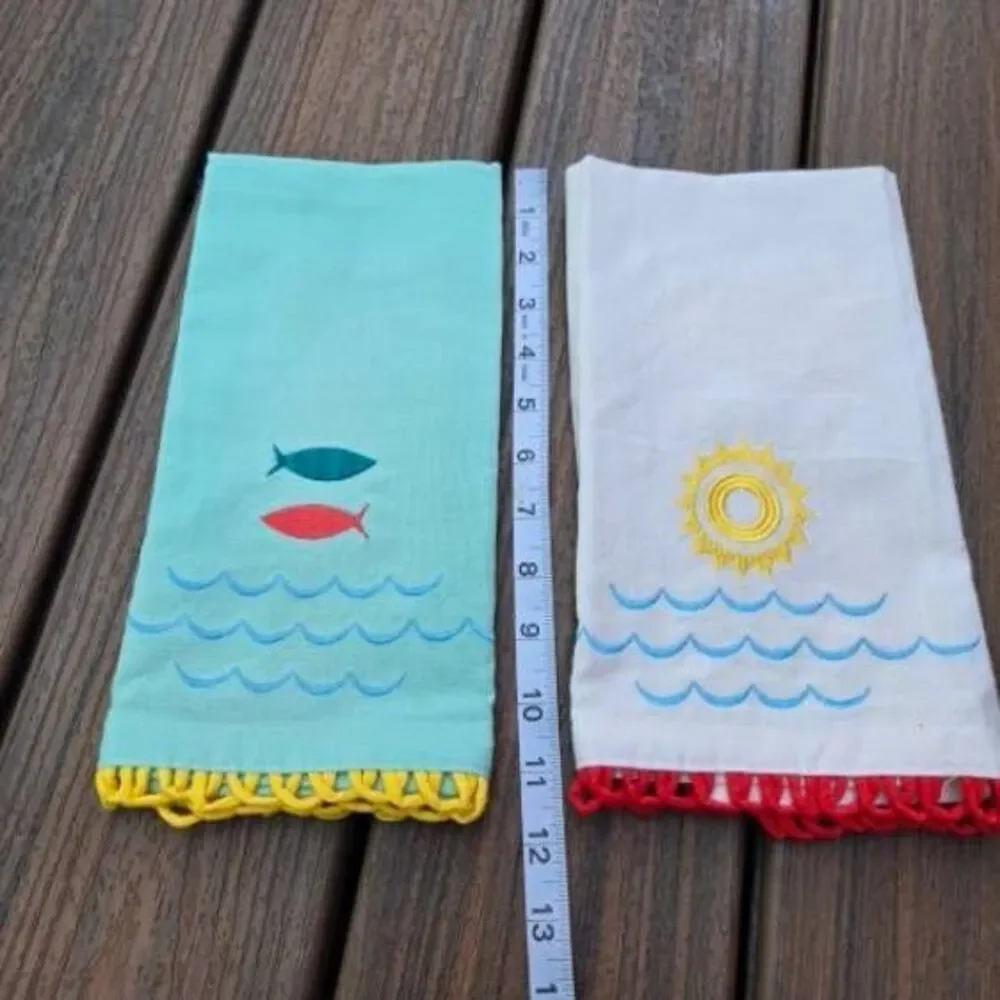 Sun & Sea Waves style tea kitchen towels cotton white teal red fish